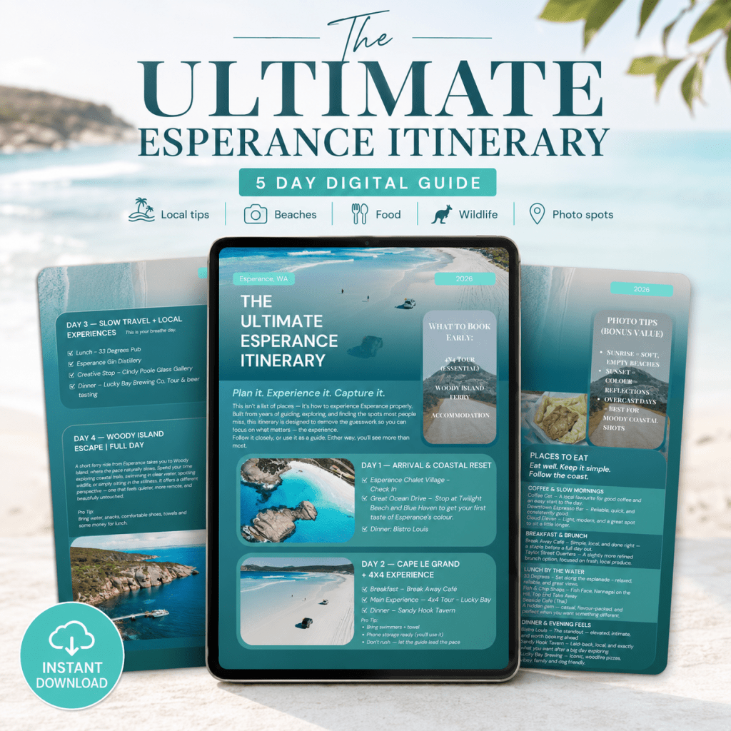 Digital guide titled 'The Ultimate Esperance Itinerary' featuring a 5-day travel plan with local tips, beaches, food, wildlife, and photo spots.